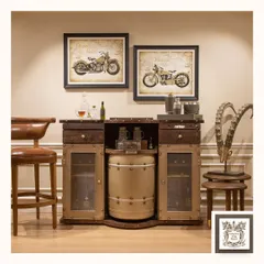 The Barn automated bar in its closed form. This unit presents a rustic-industrial aesthetic with its combination of distressed wood and riveted metal, discreetly hiding its true function.