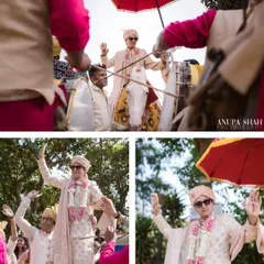 The groom's grand entrance on a horse, looking cool and celebratory. This collage captures his stylish arrival at the wedding venue.