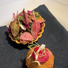 A duo of amuse-bouche: a vibrant beet tartlet and a crispy confit duck croquette. These bites offer a taste of the culinary journey to come.