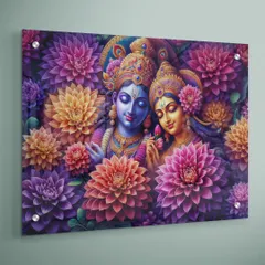 This is a finished Radha Krishna acrylic print, mounted to create a beautiful floating effect. The direct UV printing results in a super glossy, high-definition image with rich, deep colors that bring an elegant and spiritual feel to your home decor.