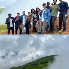 A collage showing our happy group at the Netravati peak and the stunning view of the cloud-covered hills. It's a perfect mix of great company and breathtaking scenery.