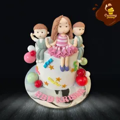 A sweet cake celebrating friendship and family. This design features three cute, personalized figures sitting together on top of a star-decorated cake.