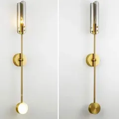 A clear view of the dual-light functionality of this modern brass wall sconce. You can see how the top and bottom lights work together to provide both direct and ambient illumination, shown here in both on and off states.