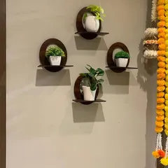 These modern, circular wall shelves are a stylish way to display small potted plants. They add a decorative touch to the wall next to the entrance, creating a warm and inviting first impression.
