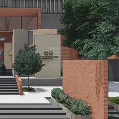A detail of the entrance sequence for the proposed institutional building. The design uses a series of stepped platforms and low brick walls to create a welcoming and clearly defined point of entry, guiding visitors into the space.