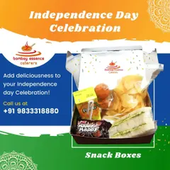 We offer special snack boxes for Independence Day celebrations at societies and offices. This graphic shows an example box filled with a sandwich, chips, and other treats to add a touch of deliciousness to your event.