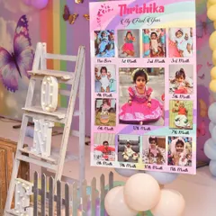 A milestone board is a wonderful way to showcase your baby's first year. This one, for a butterfly-themed party, displays photos from each month in a beautiful, personalized design.