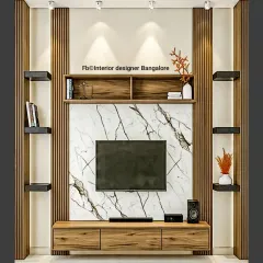 This modern entertainment unit combines a rich wood-grain finish with a striking white marble back panel. The design includes a floating console, vertical wood slats, and asymmetrical shelving, demonstrating how I blend different materials to create a focal point in your living room.