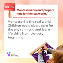 Montessori is the real world. This child is learning to button a dressing frame, a life skill that builds independence and fine motor control.