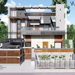Here is the 3D elevation design for a residential project in Vaishali, based on a modern architectural theme. The design incorporates a cantilevered upper floor, a mix of wood and stone textures, and a vertical green wall element.