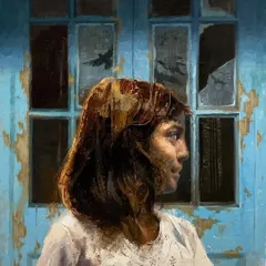 Liberation," an oil on linen painting. The girl looking towards a window with flying birds symbolizes the yearning for freedom and hope, even when constrained by circumstance.