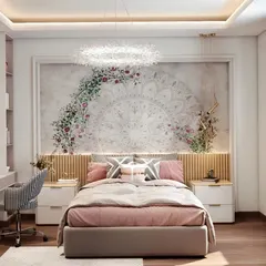 This beautiful bedroom design features a stunning mandala art accent wall behind a slatted wood headboard. The room includes a dedicated study corner, making it both beautiful and functional.