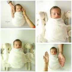 This collage tells the story of a minimalist session, from parents' hands cradling the baby to solo shots with stuffed bunnies.