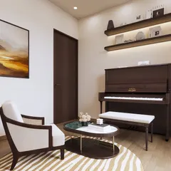 A cozy study area featuring a piano and a comfortable armchair. The render creates a warm and inviting space for music and reading.