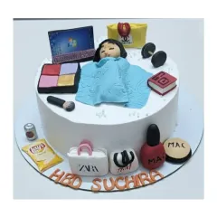 A cake celebrating all of Suchira's favorite things! This fresh pineapple cake is topped with handmade fondant items like a laptop, makeup, weights, and shopping bags.