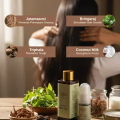 My Ayurvedic hair oil is a blend of powerful herbs, each with a specific purpose. Here you can see Jatamaansi to help with premature greying, Bhringraj to stimulate growth, Triphala for scalp nourishment, and Coconut Milk to strengthen roots.