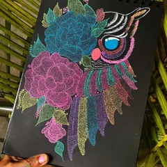 A wise owl decorated with floral patterns and colorful feathers, created using the stippling technique. This piece brings a touch of wisdom and vibrant nature to your walls.