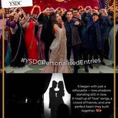 A romantic entry beginning with just a silhouette of the couple behind a curtain. This builds anticipation before the grand reveal, set to a mashup of love songs.
