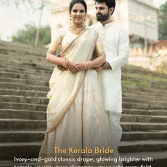 We celebrate the Kerala Bride. This look features a classic ivory-and-gold drape, paired with traditional temple jewelry for a look of pure, woven elegance.