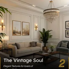 For "The Vintage Soul," this living room evokes old-world charm with elegant textures and classic design elements. Wall mouldings, a tiered chandelier, and timeless furniture come together to create a space that is both grand and inviting.