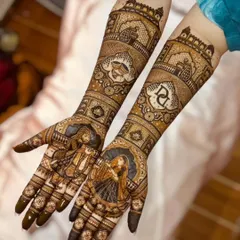 This design features elegant portraits of the bride and groom, with their initials 'D' and 'K' incorporated into the artwork on the forearms.