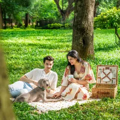 A beautiful, fully edited photo of a couple enjoying a picnic with their Weimaraner puppy. This is the "after" shot, showcasing a perfect, dreamy outdoor moment.