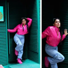 A creative diptych edit from a street style series. The bold pink puffer jacket stands out against the dark teal background, and the composition highlights different angles and poses for a dynamic fashion-forward look.