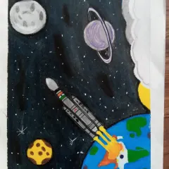 A detailed drawing of a rocket by Aditi, celebrating the Chandrayaan-3 mission. The artwork captures the rocket launching from Earth into space, surrounded by planets.