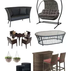 A catalog-style image showing a wide range of our products. Here you can see a two-seater sofa, a double swing, a dining set, a bar set, planters, and a coffee table, all in one place.