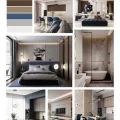 This mood board captures the essence of Modern Contemporary design, featuring a palette of neutral tones, bold navy blues, and a mix of clean lines and cozy textures.
