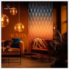The 'Austin' wall panel, with its warm ombré tones, provides a radiating touch of luxury in this living room. The geometric texture and smooth finish complement the cozy, modern furniture and ambient lighting.