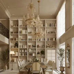 This angle reveals the floor-to-ceiling library wall that serves as a dramatic backdrop to the dining table. This feature transforms the room into a dining library, a space that celebrates both fine food and literature.