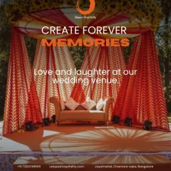 A vibrant, traditional mandap setup, creating a perfect space for wedding vows. We help you create forever memories filled with love and laughter at our wedding venues.