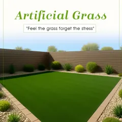 A simple, clean lawn space created with my artificial grass. This is a perfect example of how you can feel the grass and forget the stress of maintenance, creating a serene outdoor area for relaxation.