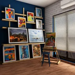 A 3D render of an artist's studio, showcasing a gallery wall with custom wooden shelving. This design provides an elegant and practical way for an artist to display their finished works.