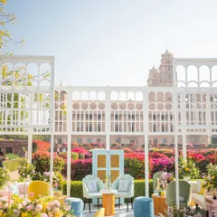 A breathtaking view of our 'Spring Garden Brunch' setup, with the magnificent Umaid Bhawan Palace in Jodhpur serving as the ultimate backdrop.
