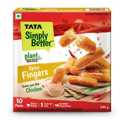 For Tata Simply Better's new plant-based line, we created this action shot of spicy fingers for the packaging. The goal was to make the vegan product look incredibly delicious and just as appealing as its chicken counterpart.