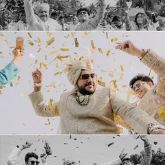 The groom's baraat is a celebration in itself. This collage captures the energy and joy of Harsh's procession, filled with dance, music, and a shower of confetti.