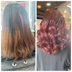 This was a tricky correction from faded, brassy hair to a vibrant, even red. Achieving the desired shade required careful application and formulation to ensure the final red was rich and consistent from roots to ends.