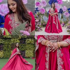 A collage of a bride-to-be at her whimsical Roka, showcasing her vibrant outfit and the beautiful floral decor.