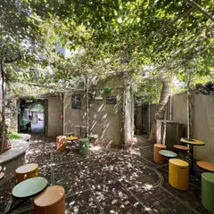The main seating area of the Naturals NOW project, shaded by a dense canopy of creepers. The dappled light filtering through the leaves creates a tranquil atmosphere, offering an escape from the busy city.