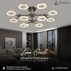 The Luna Circle chandelier offers sleek, minimalist luxury. Its design of multiple illuminated rings provides balanced, modern lighting, perfect for contemporary living rooms and dining areas.