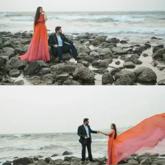 A collage showing different angles of the couple on the rocky beach, highlighting the dramatic landscape and the elegance of the bride's long-trail gown.