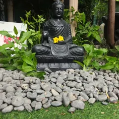 This black marble Buddha statue, set in the Abhaya Mudra pose for fearlessness, is nestled among green foliage and smooth river stones, creating a perfect meditation corner in a garden.
