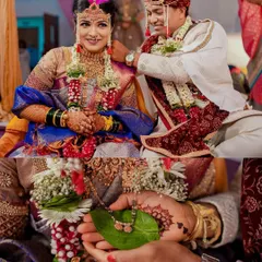 A collage from a traditional Maharashtrian wedding, showing the Mangalsutra ritual and the bride's beautiful smile.