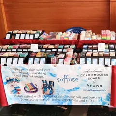 The main soap display at my stall. I bring as many designs as I can to markets so you can see, smell, and choose your favorites in person.