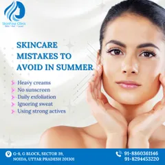 A list of common summer skincare mistakes to avoid. Using heavy creams, skipping sunscreen, and over exfoliating can damage your skin in the heat.