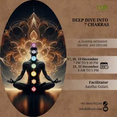 This is an invitation to my 15-hour intensive certification course, a deep dive into the seven chakras. This poster outlines the comprehensive curriculum, covering everything from metaphysical interpretation and beej mantras to chakra readings with a pendulum.