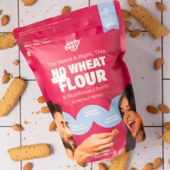 A creative flatlay for Welly Belly's No Wheat Flour. Surrounding the package with the final product (almond biscuits) tells the story of what you can create, making it more than just a bag of flour.
