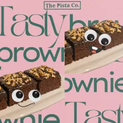 Our Tasty Brownies are soft, gooey, and absolutely perfect. This fun graphic showcases three slices of our rich chocolate brownie, topped with chopped nuts for a delightful crunch, ready to satisfy your dessert cravings.